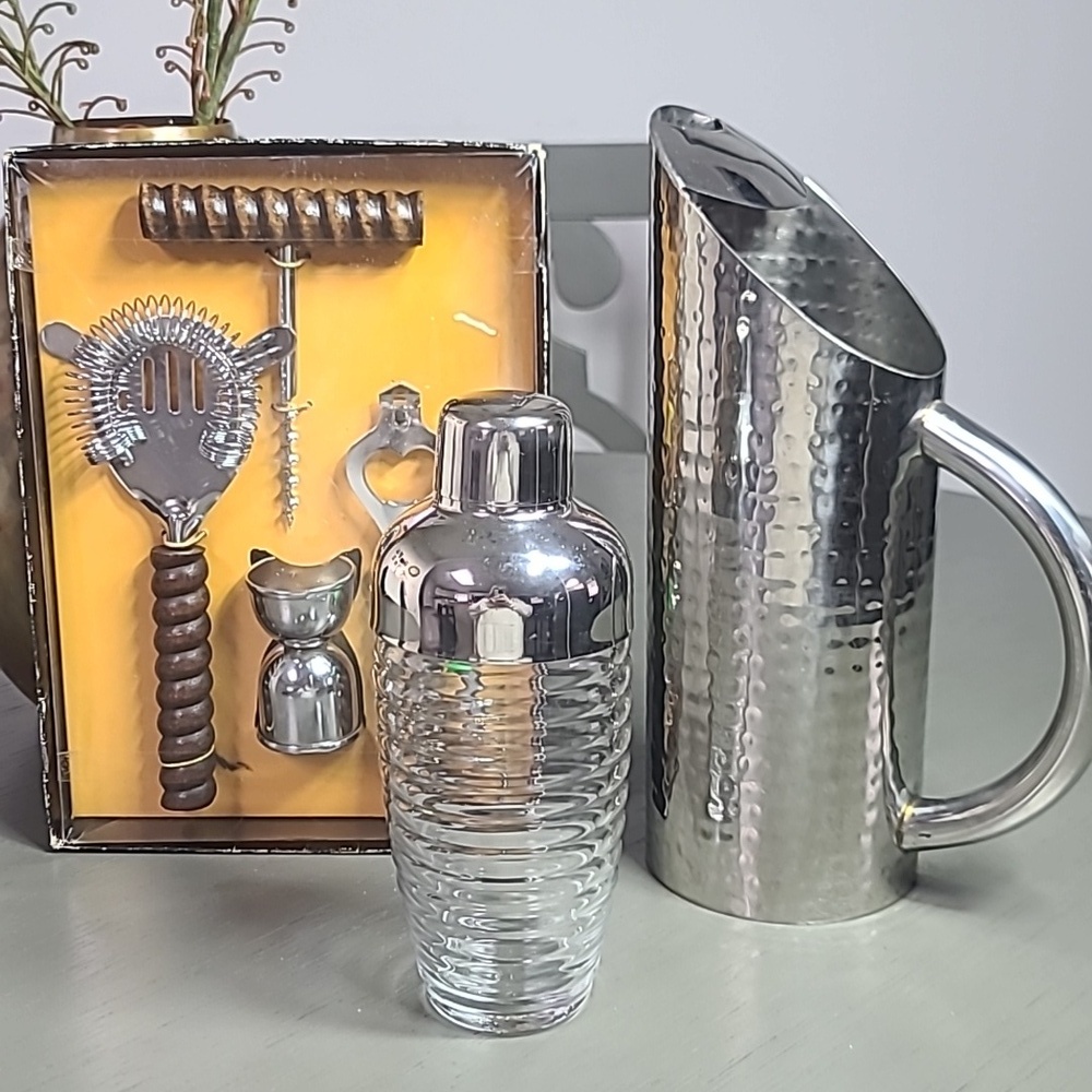 Max Studio Home hammered metal pitcher With Vintage Bar Set And Glass Shaker